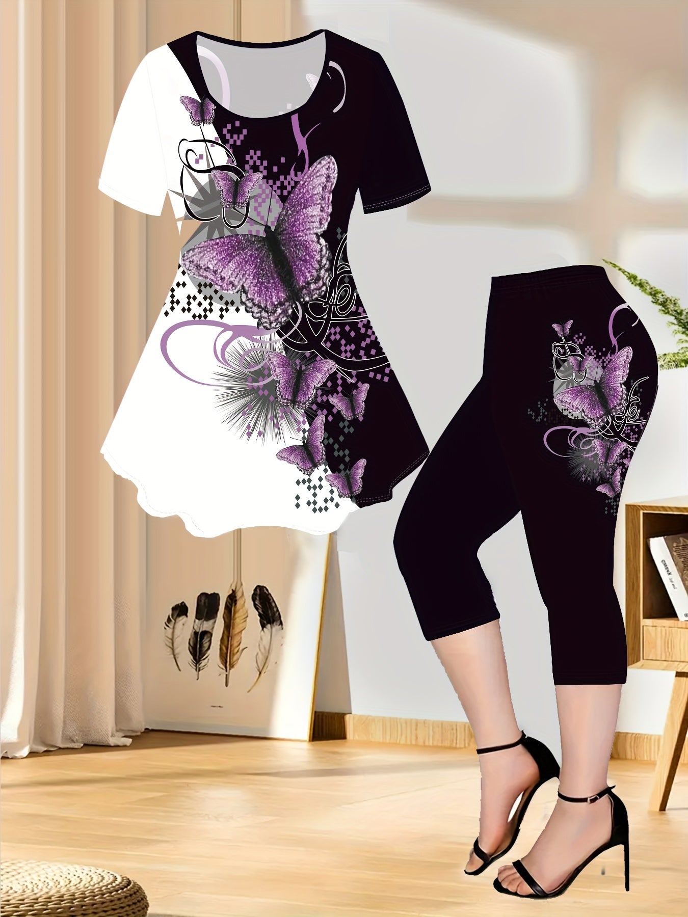 1set Women's Casual Butterfly Print Short Sleeve Top and Capri Pants Set, Polyester Knit Fabric, Crew Neck, All-Season Comfort Fit, European And American Style, Bottom Set, Leisure Style, ALL/Global/All